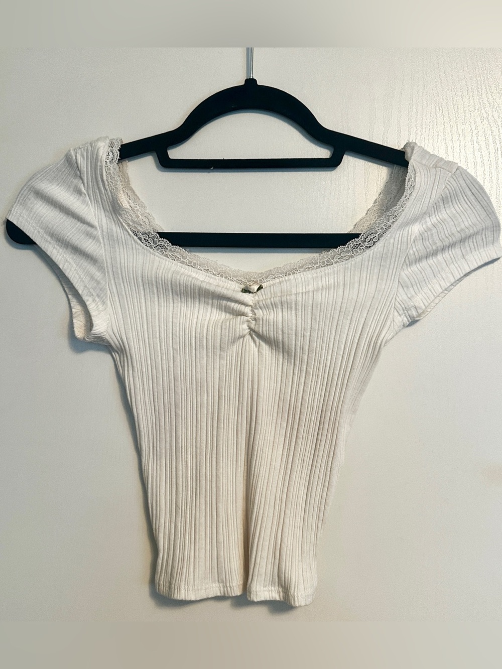 White Ribbed Lace-Trim Scoop Neck Top
